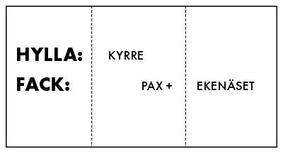 Lapp där det står: Hylla = Kyrre, Fack = Pax + Ekenäset